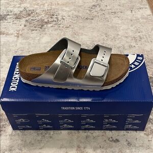Birkenstock Metallic Silver Slides